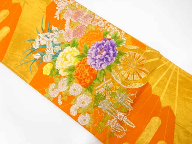 アンティーク　山下織物製　御所車に菊・藤模様織り出し袋帯（着用可）